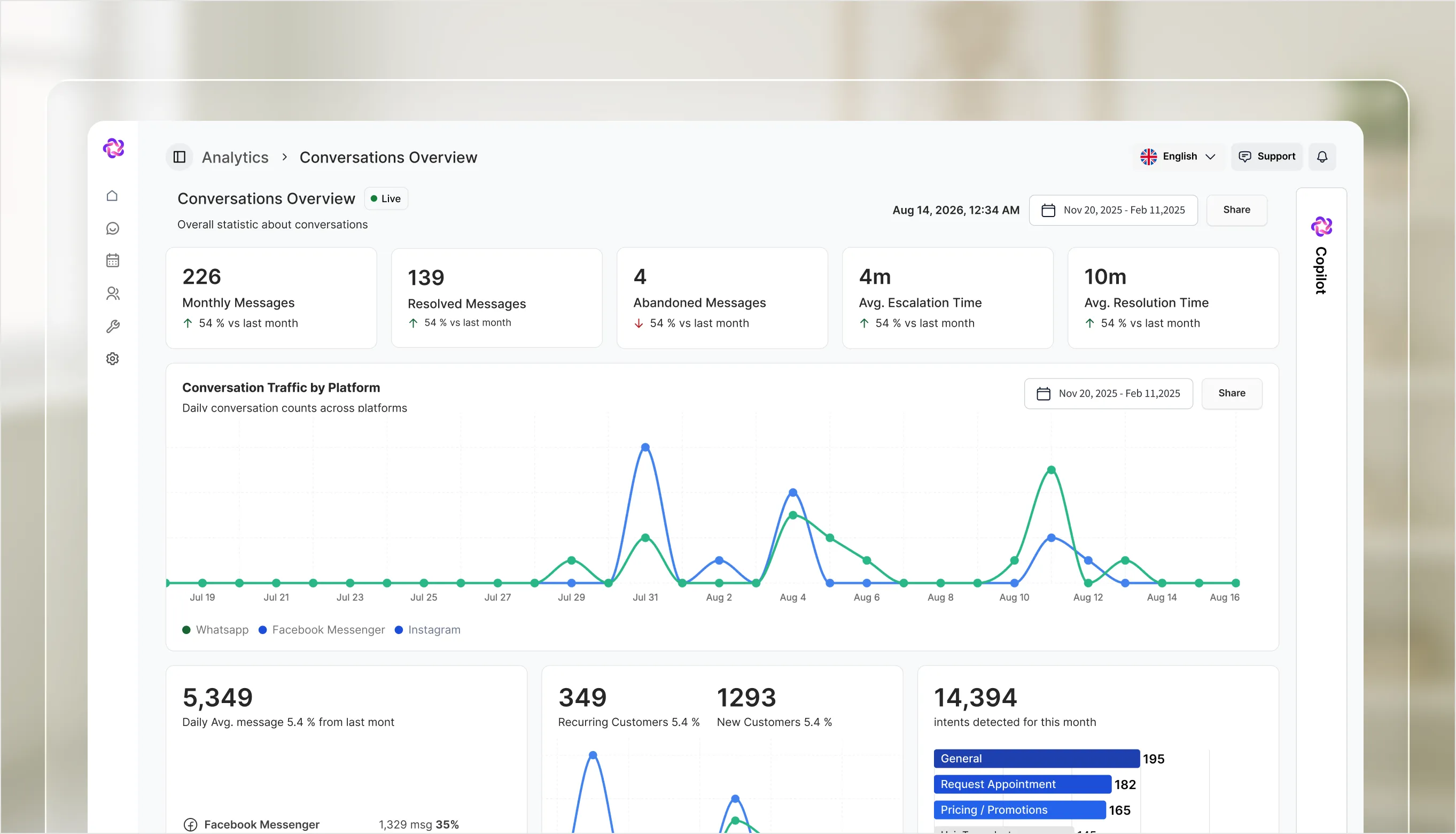 The Fellix Conversations Overview dashboard: monthly messages, resolved, abandoned, escalation and resolution times, with traffic by platform over time