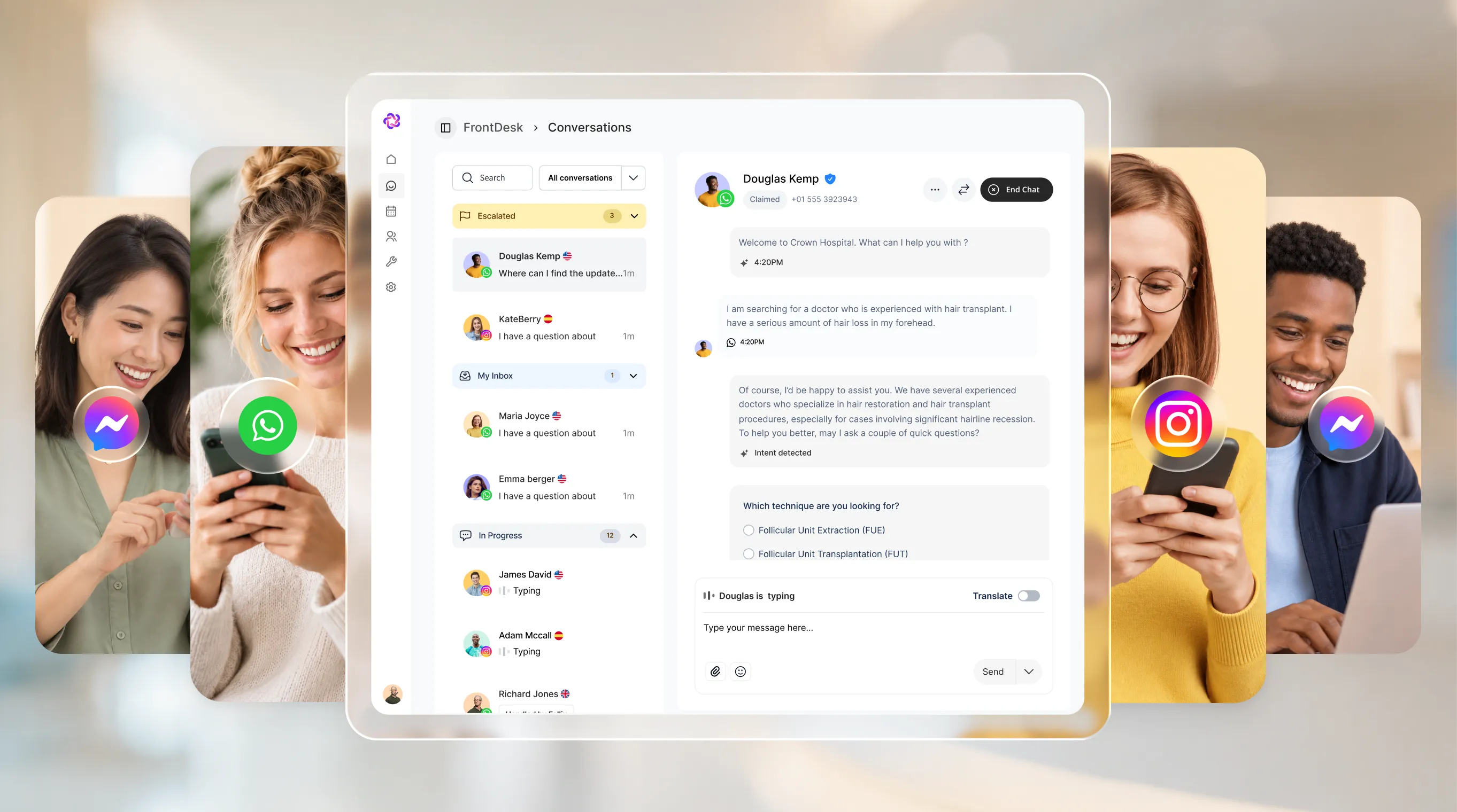 The Fellix Front Desk inbox, with WhatsApp, Instagram and Messenger conversations in one queue