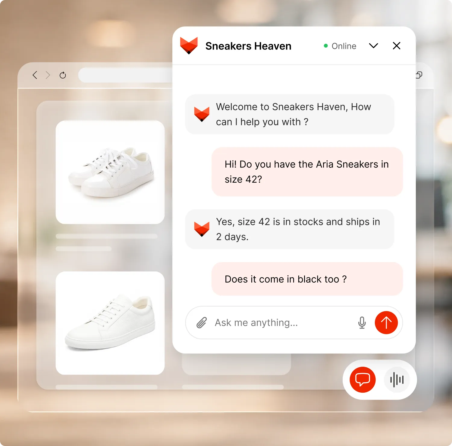 The Fellix chat widget on an online shoe shop, answering whether a sneaker is in stock in size 42 and how soon it ships