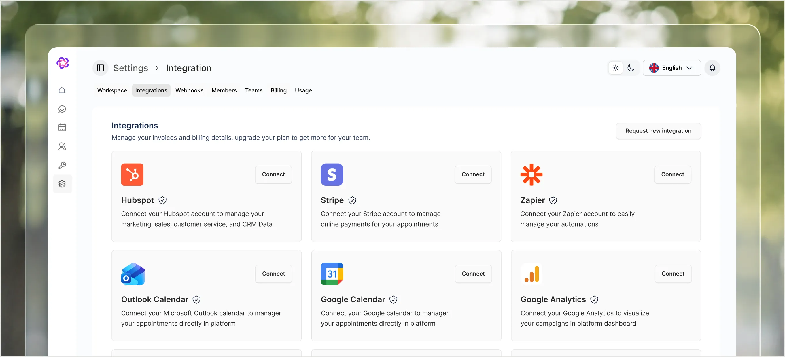 The Fellix integrations settings, offering Hubspot, Stripe, Zapier, Outlook Calendar, Google Calendar and Google Analytics to connect
