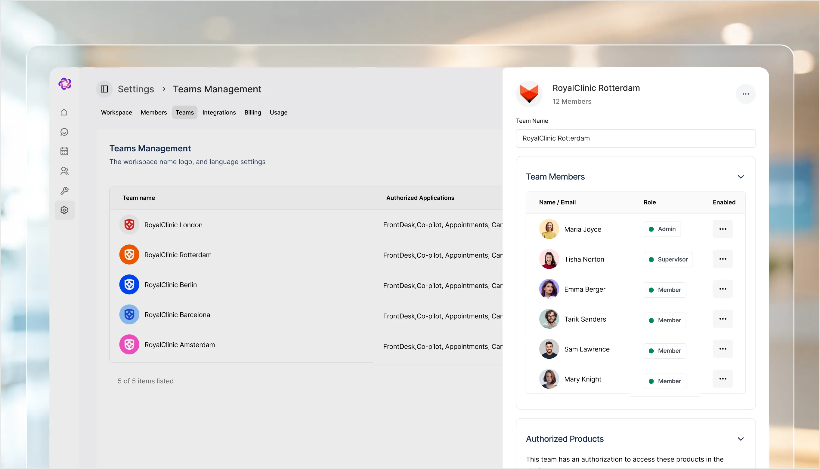 The Fellix Teams settings screen listing teams, their applications and assigned channels